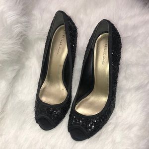 Pappell Studio Black Sequin Peep Open Toe Heels Size 38 1/2 Woman’s Shoes